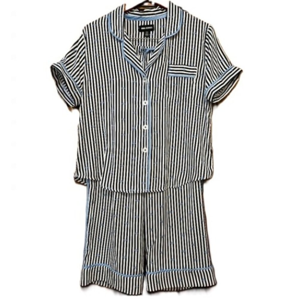 ROOM SERVICE Pajamas Set M blue white bees EUC button down pockets soft silky